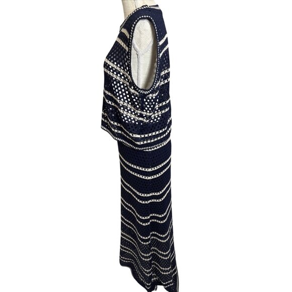 Solitaire Navy Blue/White Striped Crocheted 2-Piece Maxi Skirt & Top XL - Picture 2 of 14